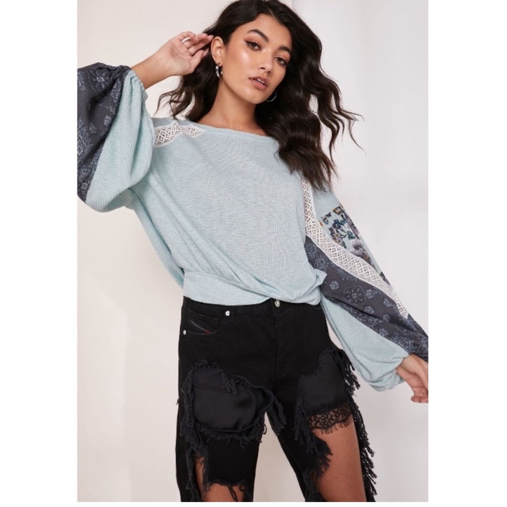 Free People Casual Clash Thermal Knit Tunic Top Mint Green Balloon Sleeve - Picture 12 of 12